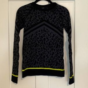 Sweaty Betty Black & Charcoal Leopard Long Sleeve Top with Neon Yellow Trim
